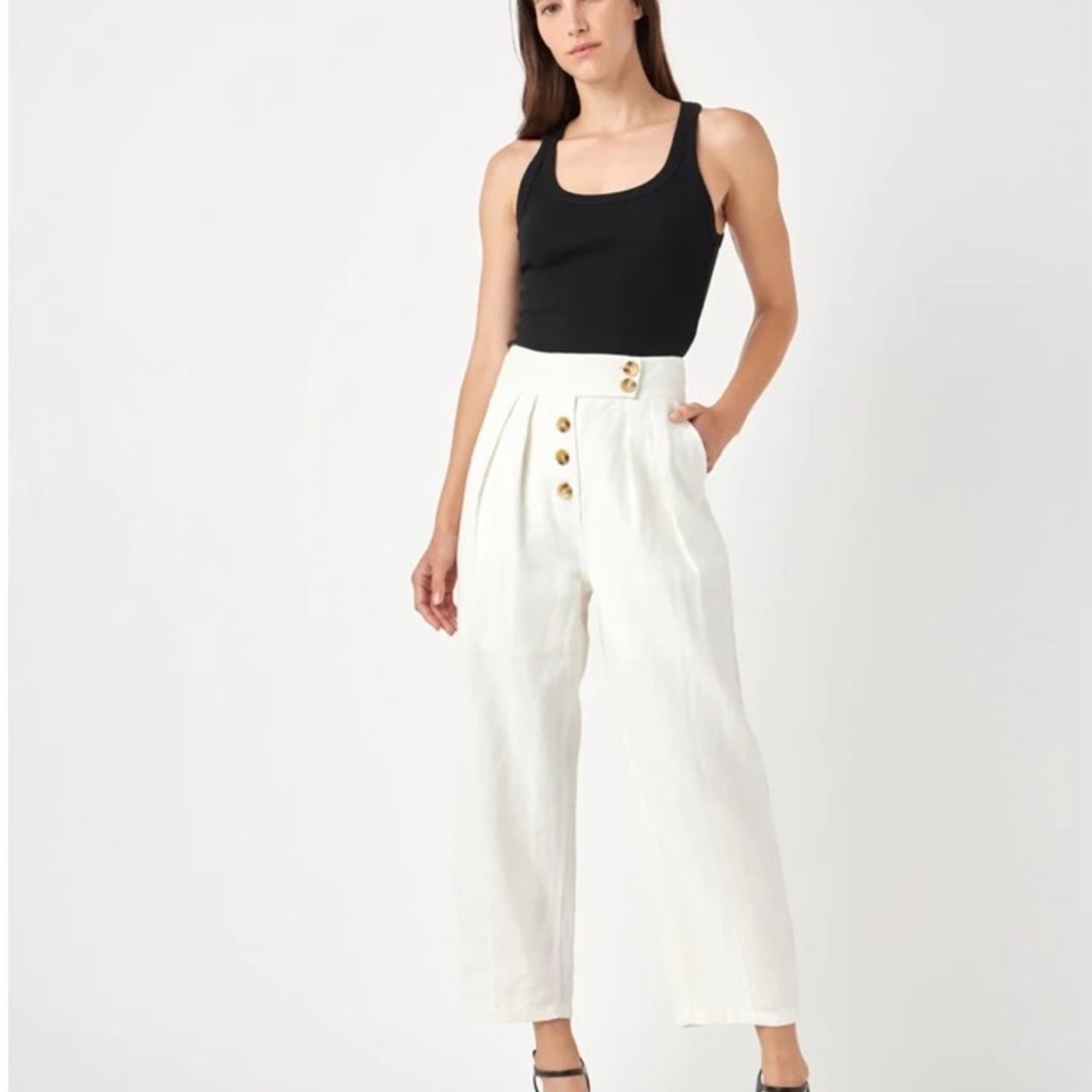 English Factory White Wide-Leg High-Waist Pants with Gold Buttons